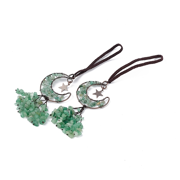 

PandaHall Natural Green Aventurine Moon with Chips Tassel Pendant Decorations, with Rack Plating Red Copper Plated Brass Findings, Cadmium...
