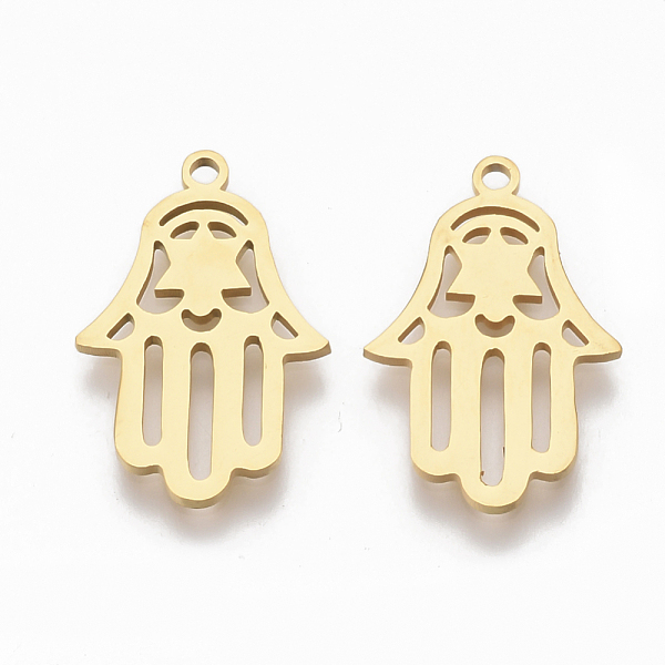 

PandaHall 201 Stainless Steel Pendants, Hamsa Hand/Hand of Fatima /Hand of Miriam, Golden, 19.5x13x1mm, Hole: 1.4mm 201 Stainless Steel Palm