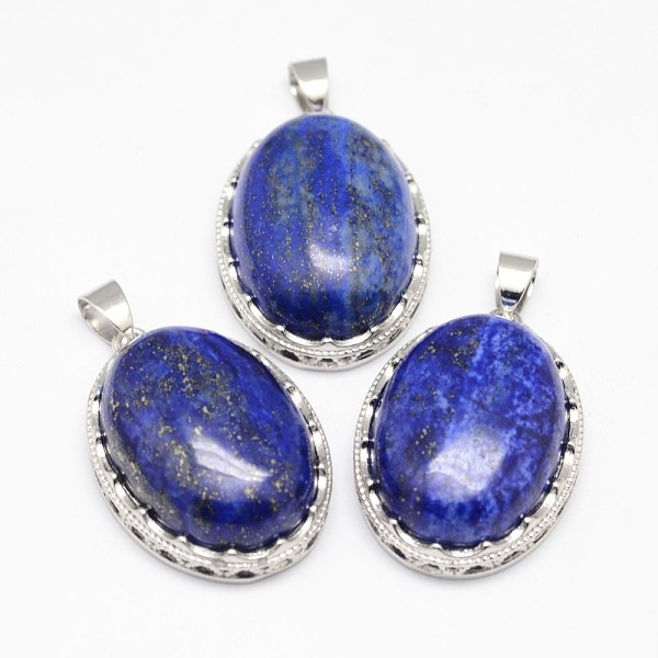 

PandaHall Natural Lapis Lazuli Pendants, with Brass Findings, Oval, Dyed, Platinum, 30x21x10~11mm, Hole: 6x4mm Lapis Lazuli Oval