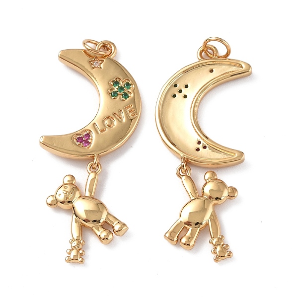 

PandaHall Brass Micro Pave Cubic Zirconia Pendants, Real 18K Gold Plated, with Jump Ring, Moon with Bear Charms, Colorful, 23x16x1.5mm, Hole...