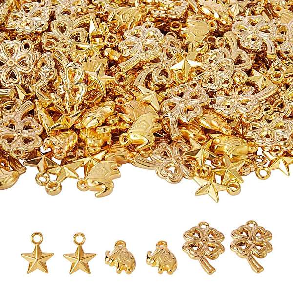 PandaHall 150g 3 Styles CCB Plastic Pendants, Mixed Shapes, Golden, 50g/style Plastic Mixed Shapes