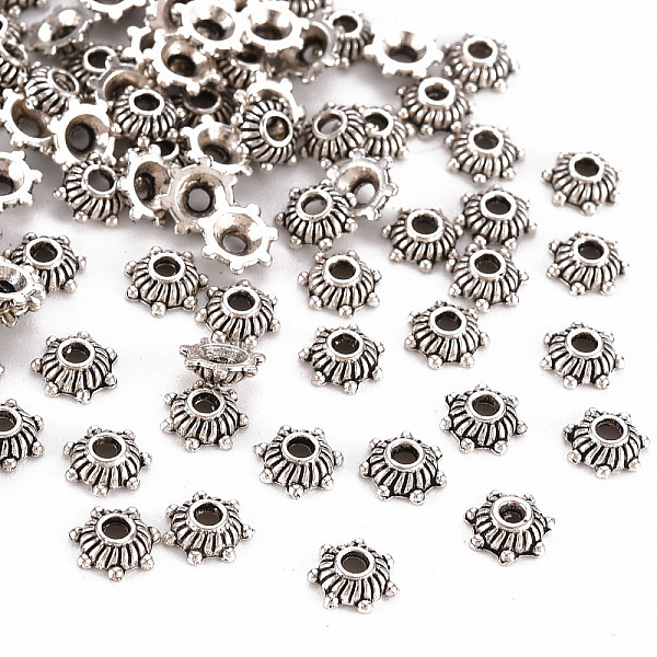 

PandaHall Tibetan Style Zinc Alloy Bead Caps, Cadmium Free & Lead Free, Antique Silver, 5x2mm, Hole: 1mm, about 1000pcs/100g Alloy