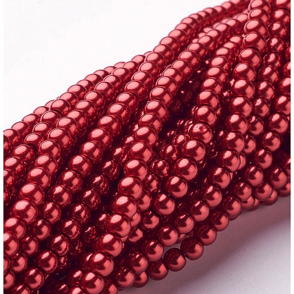 

PandaHall Glass Pearl Beads Strands, Pearlized, Round, FireBrick, 4~5mm, Hole: 1mm, about 200pcs/strand, 30.71 inch(78cm) Glass Round Red