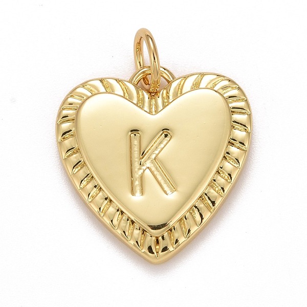 Rack Plating Real 18K Gold Plated Brass Pendants, with Jump Rings, Long-Lasting Plated, Lead Free & Cadmium Free & Nickel Free, Heart with Letter A-Z, Letter.K, 16x15x2.5mm, Jump Ring: 5x0.5mm, 3mm Inner Diameter