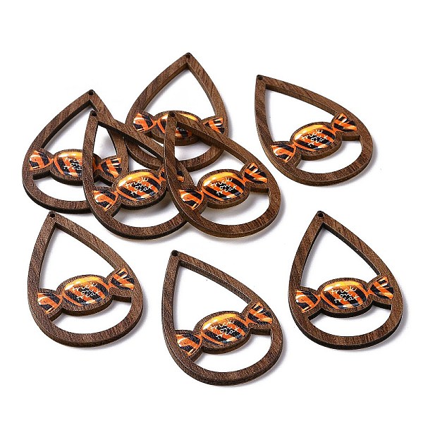 

PandaHall Halloween Theme Single Face Printed Aspen Wood Big Pendants, Teardrop Charm, Candy Pattern, 54.5x34x2.5mm, Hole: 1.6mm Wood Candy