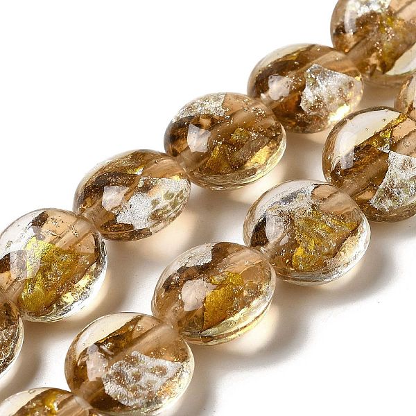 

PandaHall Handmade Gold Sand and Silver Sand Lampwork Flat Round Beads, Dark Goldenrod, 14~14.5x8.5~9mm, Hole: 1.6~1.8mm Gold & Silver Foil...