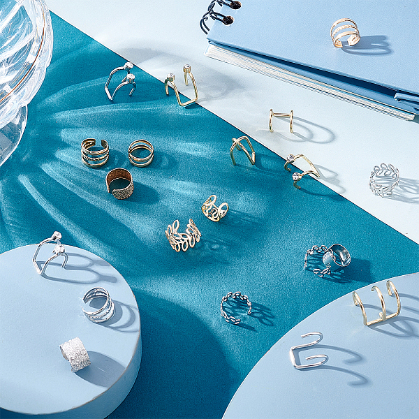 

PandaHall 44Pcs Brass Cuff Earrings Set, Wide Band & Hollow Leaf Wrapped Earrings for Non Piercing, Platinum & Golden, 9~15x7~14x5~13mm...