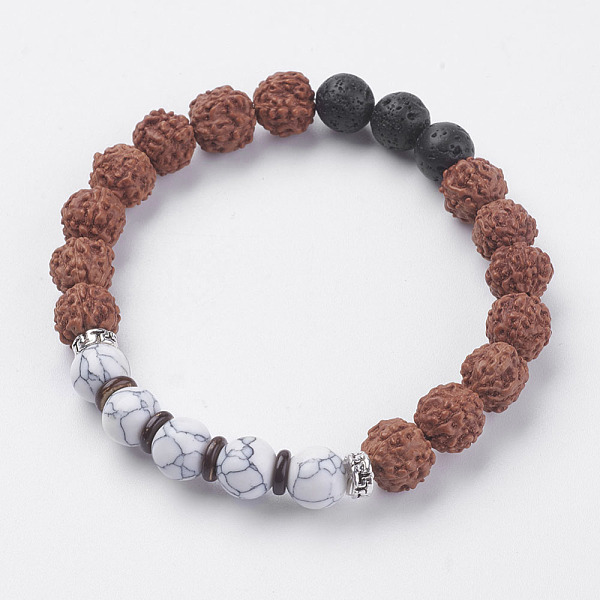 

PandaHall Natural Lava Rock and Rudraksha Beads Stretch Bracelets, with Wenge Wood Beads, Howlite, Coconut and Alloy Finding, 2 inch...