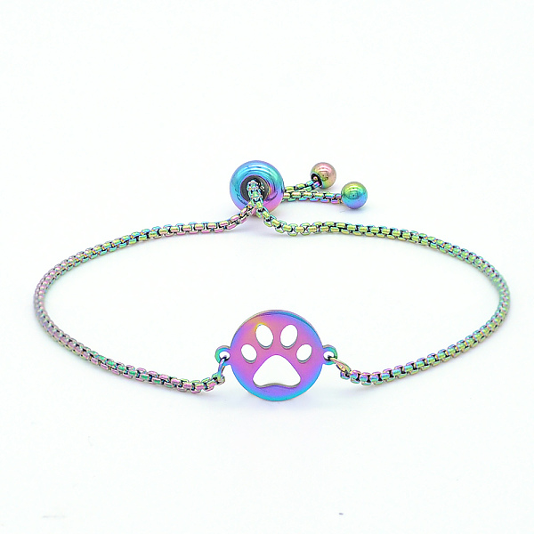 

PandaHall Adjustable 201 Stainless Steel Slider Bracelets, Bolo Bracelets, with Box Chains, Flat Round with Dog Paw Prints, Rainbow Color...