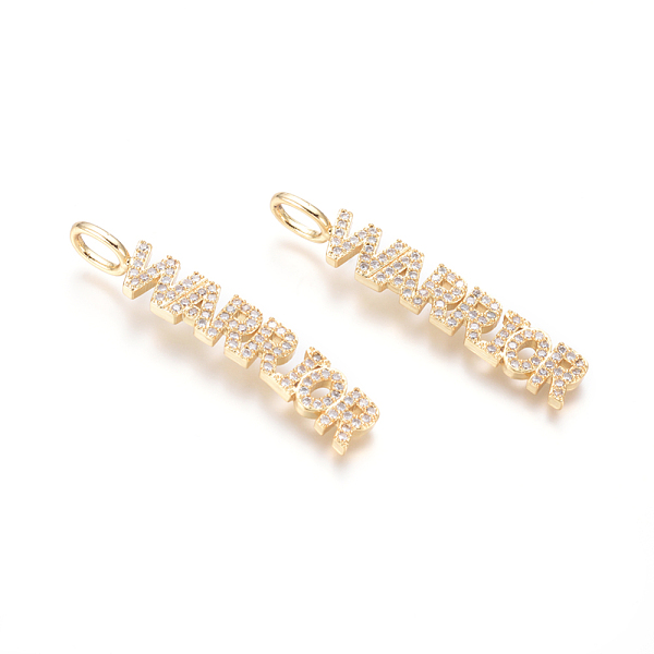 

PandaHall Brass Micro Pave Clear Cubic Zirconia Pendants, Word Warrior, Golden, 39.5x7x2.5mm, Hole: 3.5x5.5mm Brass+Cubic Zirconia Word...