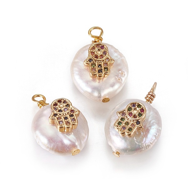 

PandaHall Natural Cultured Freshwater Pearl Pendants, with Cubic Zirconia and Brass Findings, Flat Round with Hamsa Hand/Hand of Fatima...
