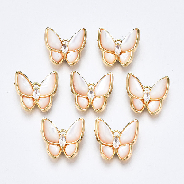 

PandaHall Brass Micro Pave Clear Cubic Zirconia Pendants, with White Sea Shell, Nickel Free, Butterfly, Real 18K Gold Plated, 16x16.5x5mm...