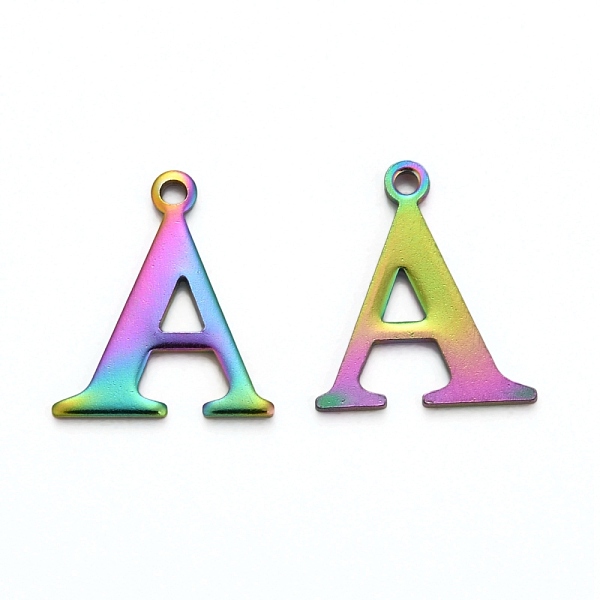 

PandaHall Ion Plating(IP) 304 Stainless Steel Alphabet Charms, Rainbow Color, Letter.A, 12x10.5x1mm, Hole: 1mm 304 Stainless Steel Letter A