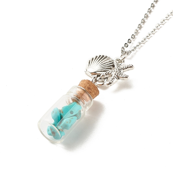 

PandaHall Glass Bottle with Synthetic Turquoise Chips Pendant Necklace, Wish Bottle Necklace with Alloy Shell Starfish Charm for Women...
