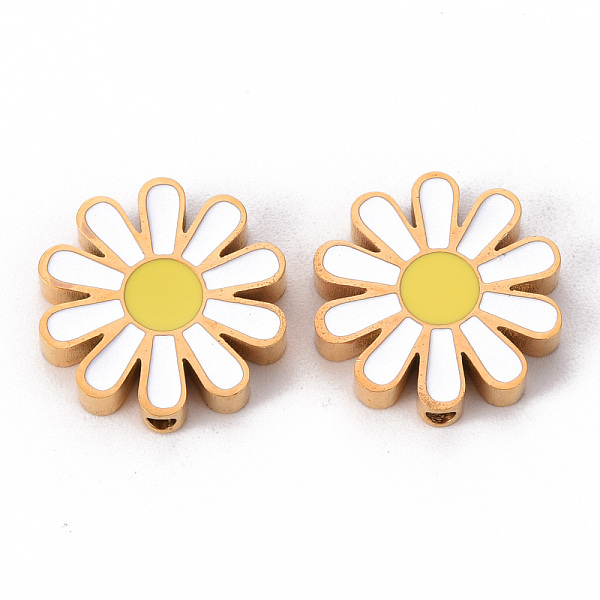 

PandaHall 304 Stainless Steel Enamel Beads, Daisy, White, Golden, 17x17x3.5mm, Hole: 1.6mm Stainless Steel+Enamel Flower White