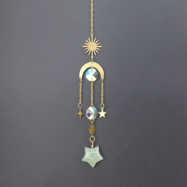 

PandaHall Natural Green Aventurine Star Sun Catcher Hanging Ornaments with Brass Sun, for Home, Garden Decoration, Golden, 400mm Green...