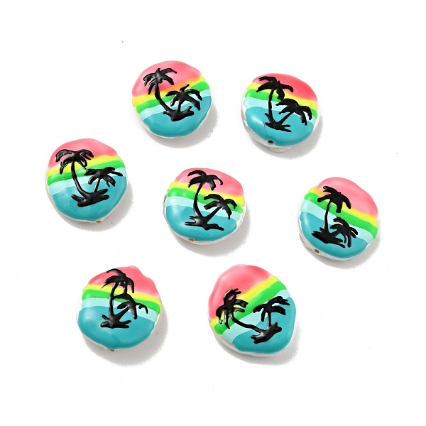 

PandaHall Flat Round Enamel Natural Pearl Beads, Coconut Tree Pattern, Colorful, 17x16x5mm, Hole: 1mm Pearl Flat Round