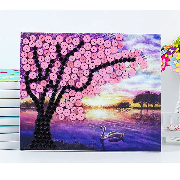 PandaHall Creative DIY Tree & Lake Pattern Resin Button Art, with Canvas Painting Paper and Wood Frame, Educational Craft Painting Sticky...