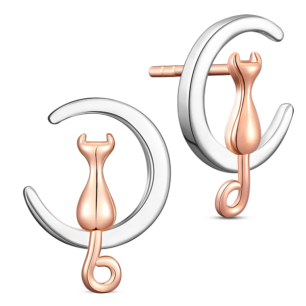 

PandaHall SHEGRACE 925 Sterling Silver Kitten Stud Earrings, Crescent Moon with Cat, Platinum & Rose Gold, 18x13.2mm Sterling Silver