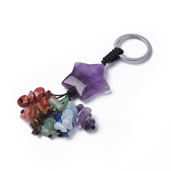 

PandaHall Natural Amethyst Star with Mixed Gemstone Chips Beaded Tassel Keychains, with 304 Stainless Steel Ring Clasps, 9.5~10cm Amethyst...