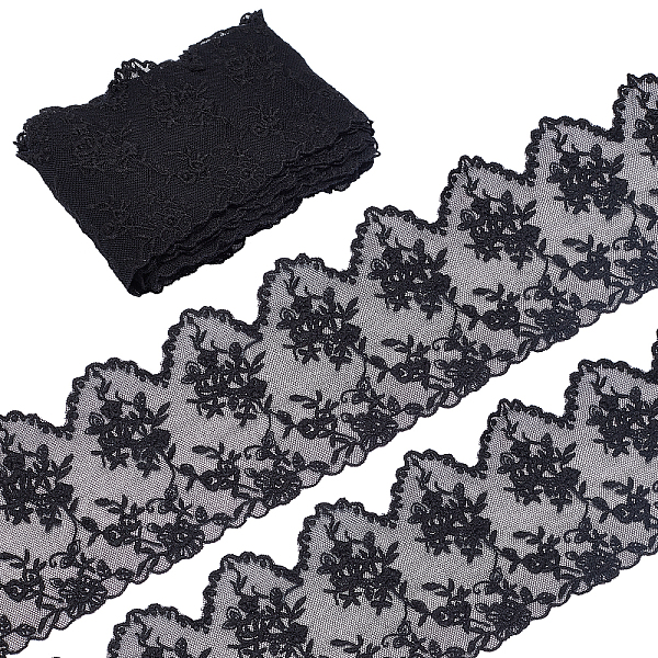 

PandaHall Gorgecraft 5 Yards Flat Nylon Mesh Embroidered Lace Trim, Floral Pattern, Black, 4-1/4~4-3/8 inch(109~110mm) Nylon Black