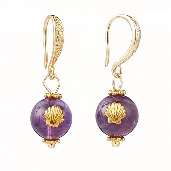 

PandaHall Natural Amethyst Dangle Earrings, with Brass Earring Hooks, Alloy Cabochons and Spacer Beads, Round with Shell, Golden, 30x10mm...