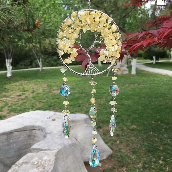 

PandaHall Metal Wire Wrapped Natural Citrine Chips Flat Round with Tree of Life Pendant Decorations. Hanging Suncatchers, with Glass..., White