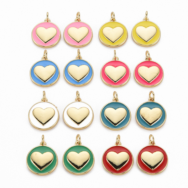 

PandaHall Brass Enamel Pendants, with Jump Rings, Real 16K Gold Plated, Nickel Free, Flat Round with Heart, Mixed Color, 17x15x3mm, Jump..., Multicolor
