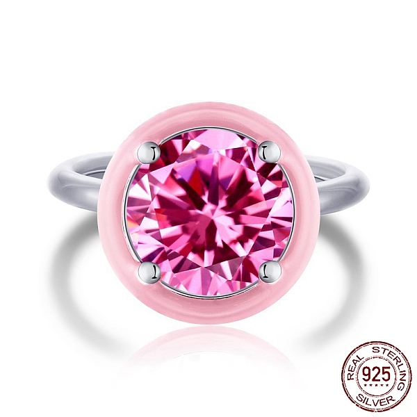 

PandaHall Rhodium Plated 925 Sterling Silver Rings, Birthstone Ring, Real Platinum Plated, with Enamel & Cubic Zirconia for Women, Flat..., Pink