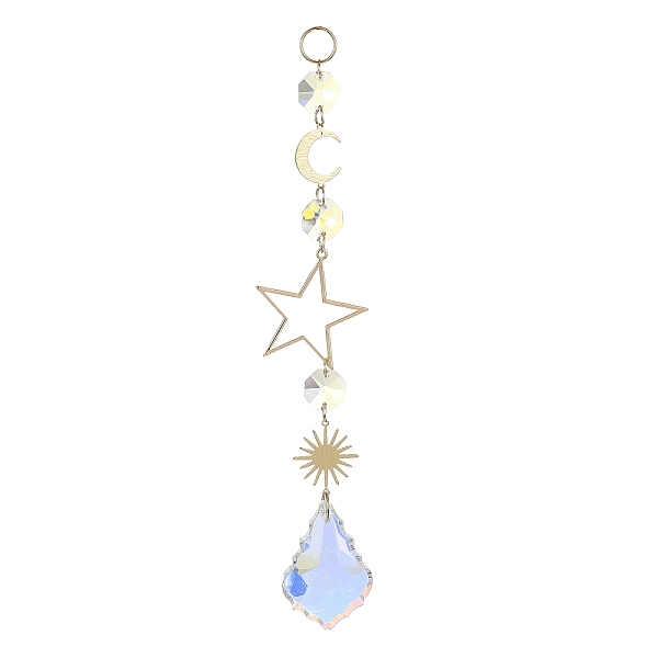 

PandaHall Glass Teardrop Pendant Decorations, Hanging Suncatchers, with Brass Moon & Sun & Star Link, for Home Decorations, Clear AB..., White