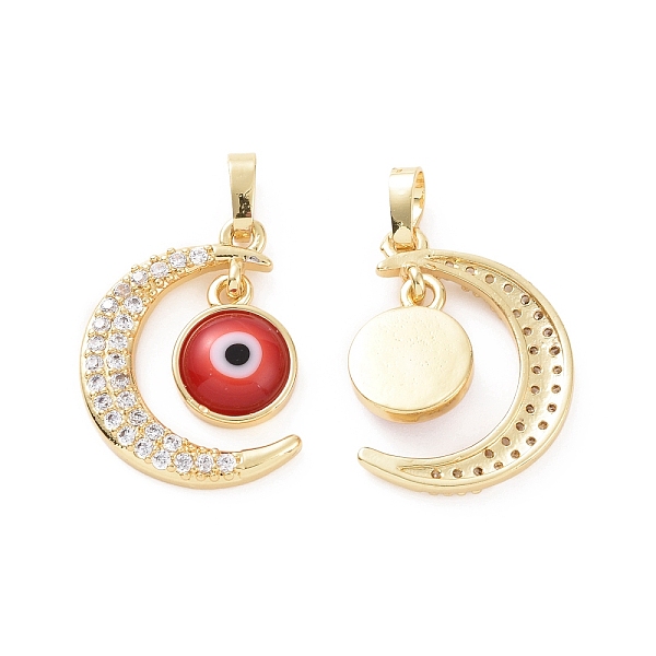

PandaHall Brass Micro Pave Cubic Zirconia Pendants, with Handmade Evil Eye Lampwork, Crescent Moon Charm, Real 18K Gold Plated, Red...