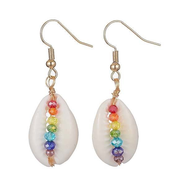 

PandaHall Natural Shell & Glass Dangle Earrings, Golden Brass Wire Wrap Earrings for Women, Colorful, 45x15~16mm Shell Shell Shape