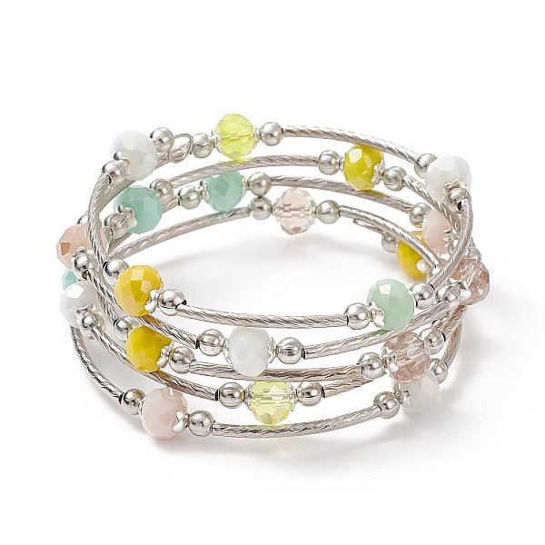 PandaHall Glass Beads Five Loops Wrap Bracelets, Brass Bead Bracelet for Women, Yellow, Inner Diameter: 2 inch(5cm) Glass Yellow