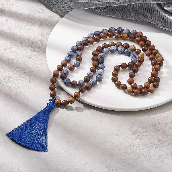 Natürliche Blaue Punktjaspis & Holz Buddhistische Halskette