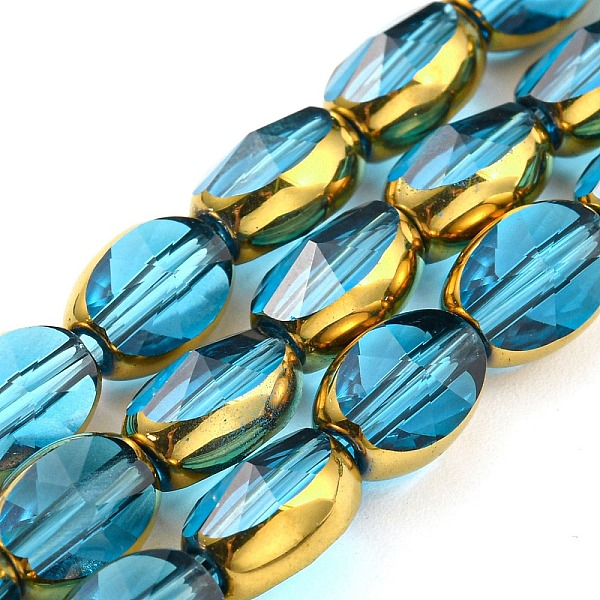 

PandaHall Electroplate Transparent Glass Beads Strands, with Golden Plated Edge, Faceted Oval, Deep Sky Blue, 8~9x6.5x5mm, Hole: 1.2mm...