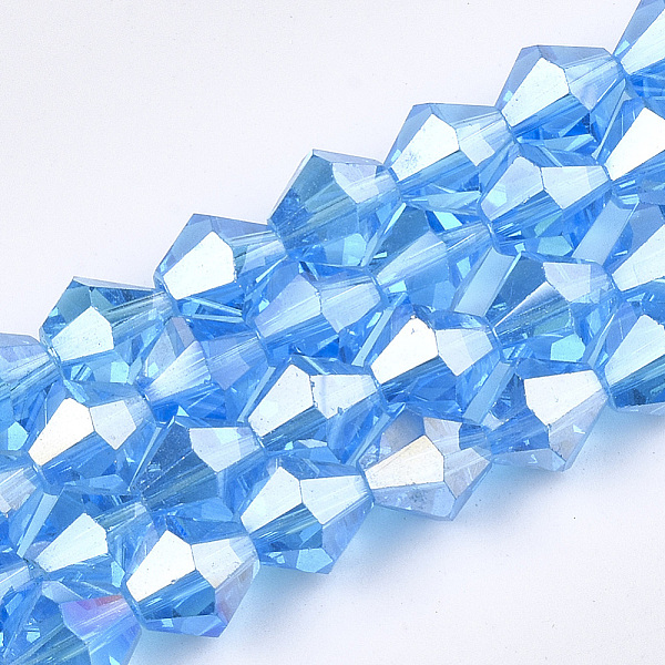 

PandaHall Electroplate Glass Beads Strands, AB Color Plated, Faceted, Bicone, Deep Sky Blue, 6x5.5~6mm, Hole: 1mm, about 47~48pcs/strand...