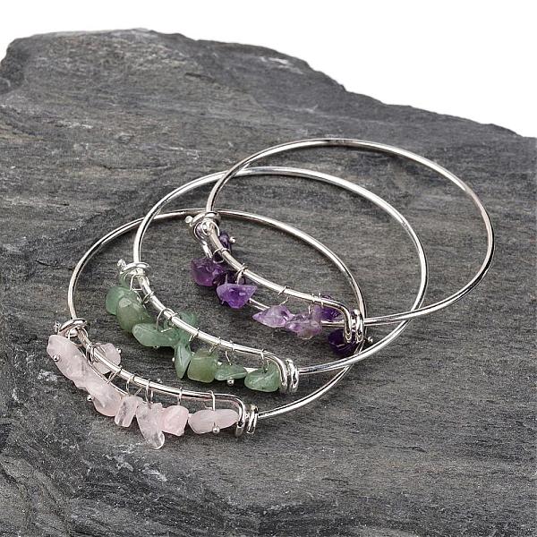 

PandaHall Silver Color Plated Brass Bangles, with Natural Gemstones, 64mm Mixed Stone Silver