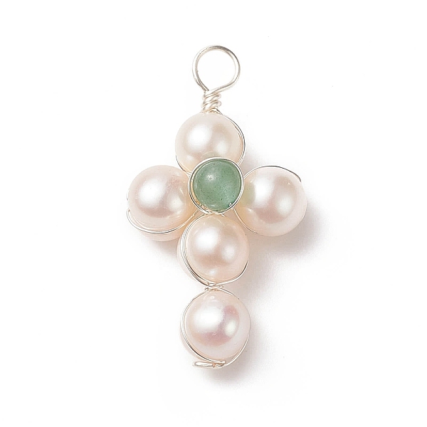 

PandaHall Natural Green Aventurine Copper Wire Wrapped Pendants, Religion Cross Charms, with Cultured Freshwater Pearl Beads, Silver Color...