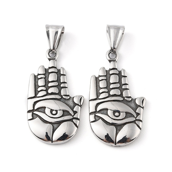 

PandaHall 304 Stainless Steel Pendants, with 201 Stainless Steel Snap on Bails, Palm with Eye Charm, Antique Silver, 35x20x3.5mm, Hole...