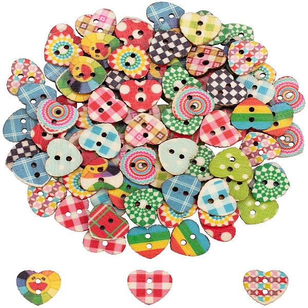 PandaHall PH 100pcs Wooden Buttons 2 Holes Printed Heart Buttons for Sewing Fasteners Scrapbooking Crafts Crochet Manual Button Painting...