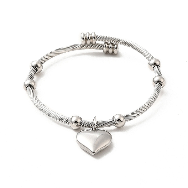 

PandaHall 304 Stainless Steel Heart Charms Cuff Bangle, Round Beaded Twist Rope Bangle for Women, Stainless Steel Color, Inner Diameter: 2...