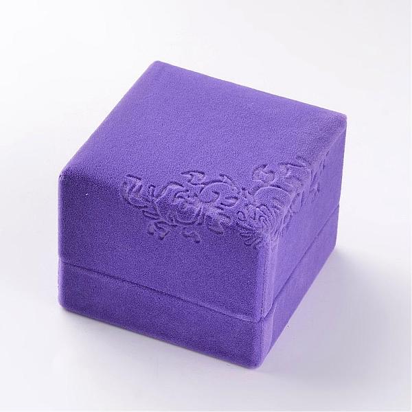 PandaHall Square Velvet Ring Boxes, Flower Pattern, Jewelry Gift Boxes, Mauve, 6x6x5cm Velvet Square Purple