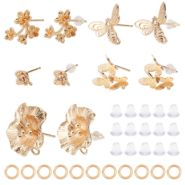 

PandaHall CREATCABIN 1 Box 10Pcs 5 Style Stud Earring Findings Real 18K Gold Plated Brass Butterfly Bees Flower Earring Posts with Loop...