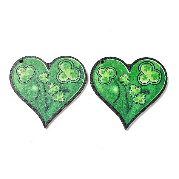 

PandaHall Saint Patrick's Day Single Face Printed Wood Pendants, Heart Charms with Clover, Green, 47x49.5x2.5mm, Hole: 2mm Wood Heart Green