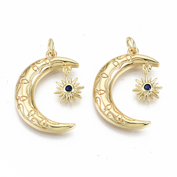 

PandaHall Brass Micro Pave Blue Cubic Zirconia Pendants, with Jump Rings, Nickel Free, Moon & Star, Real 16K Gold Plated, 24.5x17x3mm, Jump...