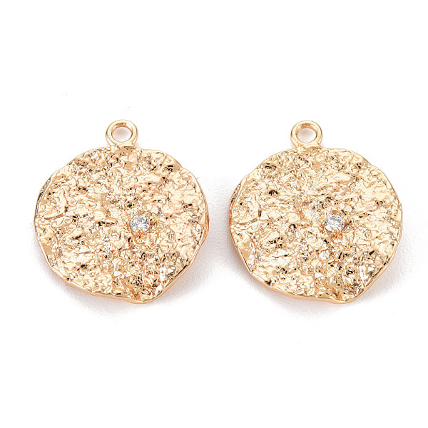 

PandaHall Brass Micro Pave Clear Cubic Zirconia Pendants, Nickel Free, Textured, Flat Round, Real 18K Gold Plated, 17x14.5x2mm, Hole: 1.5mm...