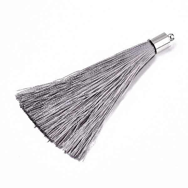 

PandaHall Fiber Tassel Big Pendant Decorations, with Platinum Plated Brass Finding, Gray, 70~73x7~25mm, Hole: 1.8mm Fibre Gray