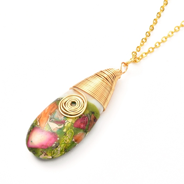 

PandaHall Teardrop Natural Imperial Jasper Pendant Necklace for Girl Women, Brass Cable Chain Necklace, Golden, 17.32 inch(44cm) Imperial...