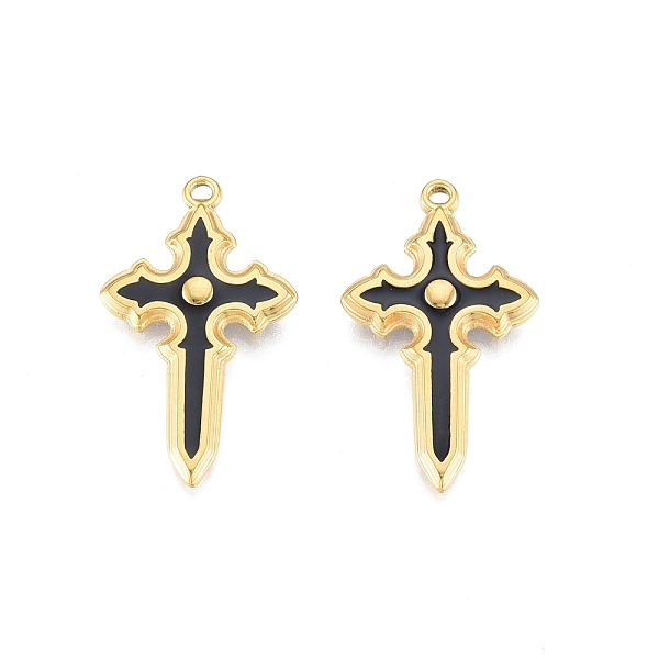 

PandaHall Ion Plating(IP) 304 Stainless Steel Pendants, with Enamel, Cross, Real 18K Gold Plated, 33.5x20x3.5mm, Hole: 1.5mm Stainless..., Black