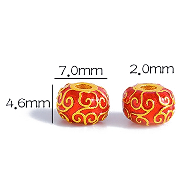 

PandaHall Brass Enamel Beads, Golden, Rondelle with Auspicious Clouds, Red, 7x4.6mm, Hole: 2mm Brass+Enamel Rondelle Red